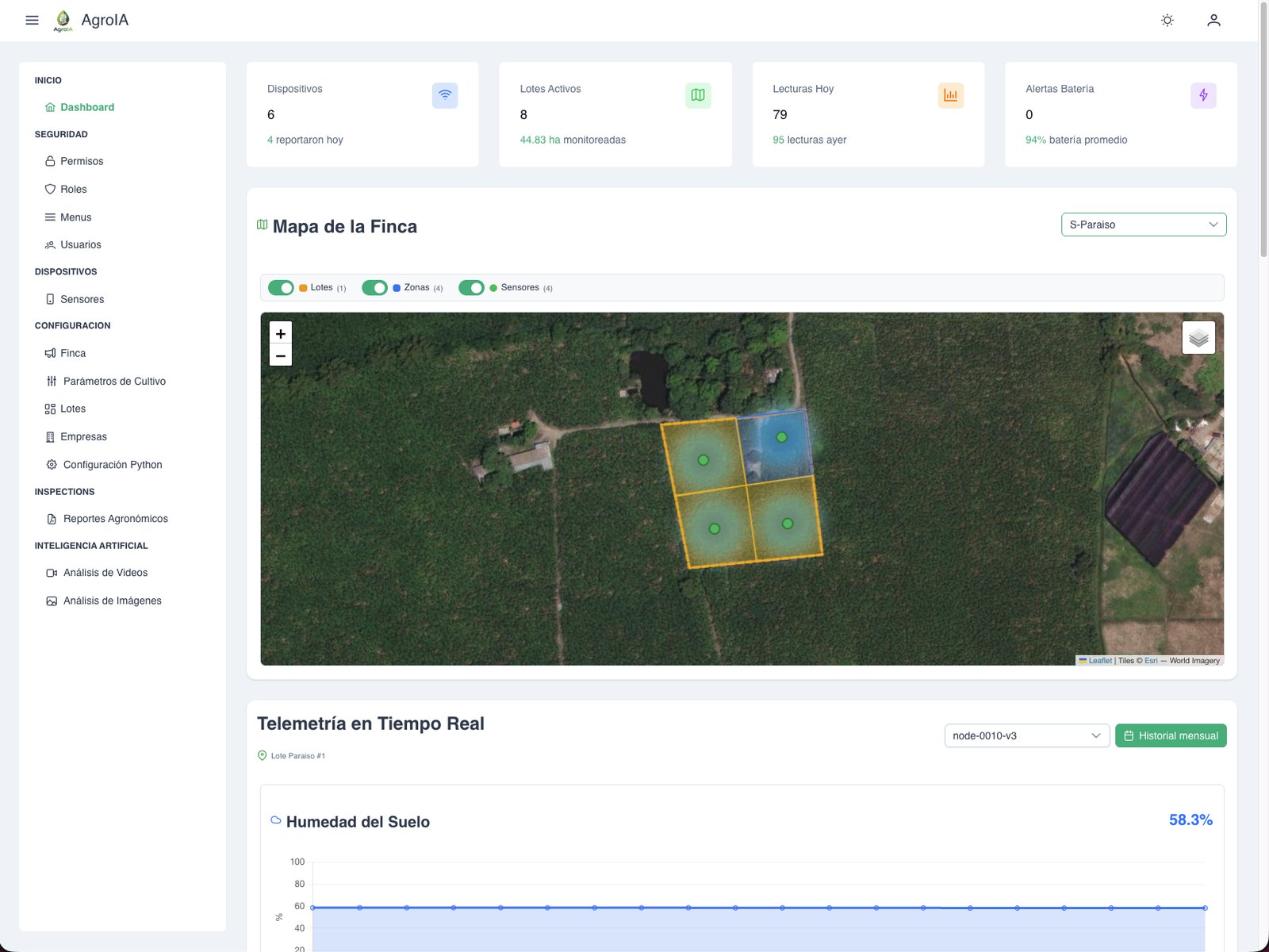 Plataforma web de AgroIA: mapa satelital de la finca con lotes, zonas y sensores en vivo